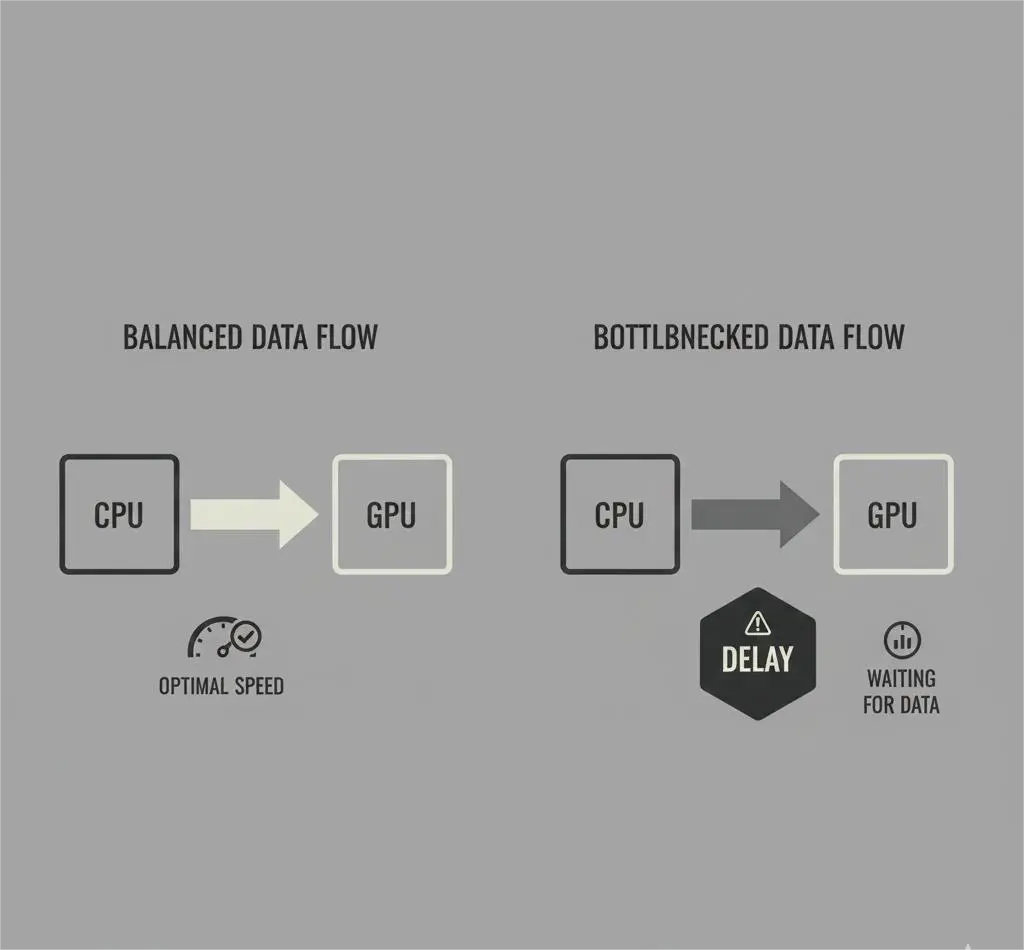 CPU bottleneck data flow diagram showing performance limitation