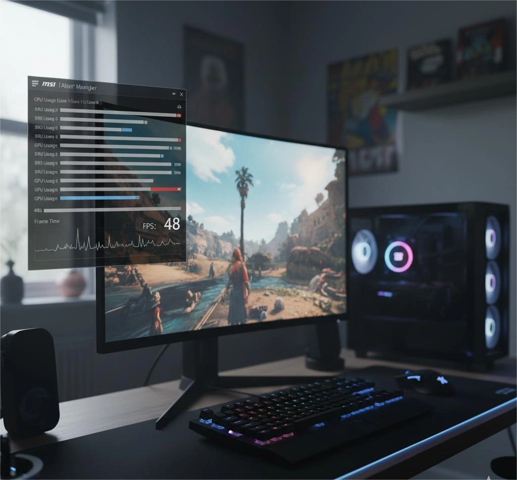 CPU bottleneck example showing high CPU core usage and low GPU usage