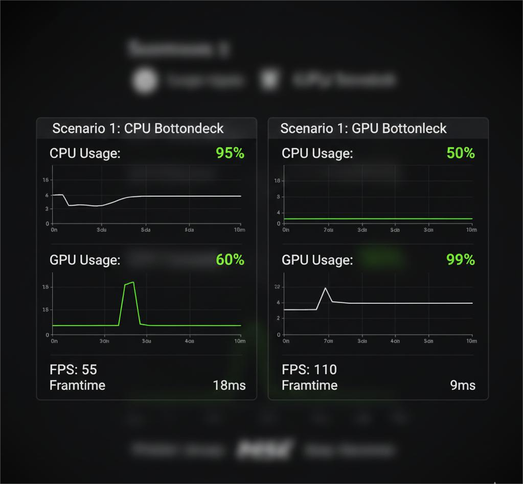 CPU and GPU usage comparison showing bottleneck test results