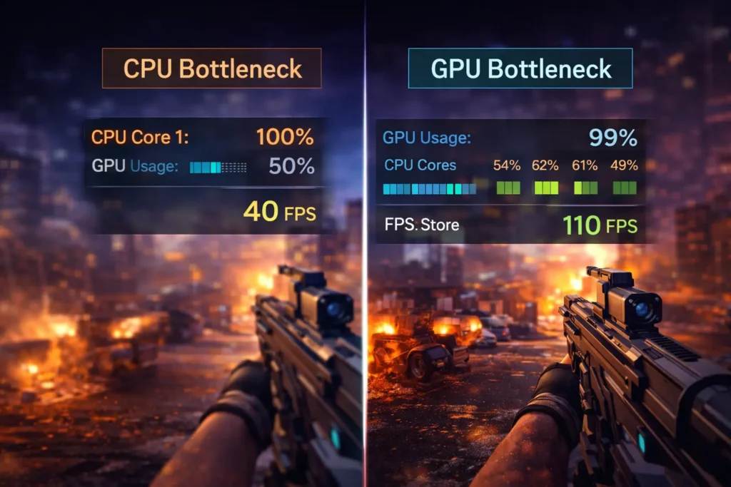 CPU vs GPU bottleneck comparison showing different usage patterns in a new PC build