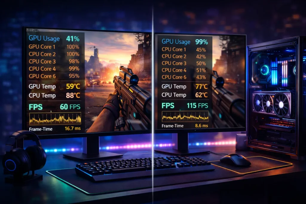 CPU vs GPU bottleneck gaming test showing GPU usage CPU usage and FPS monitoring