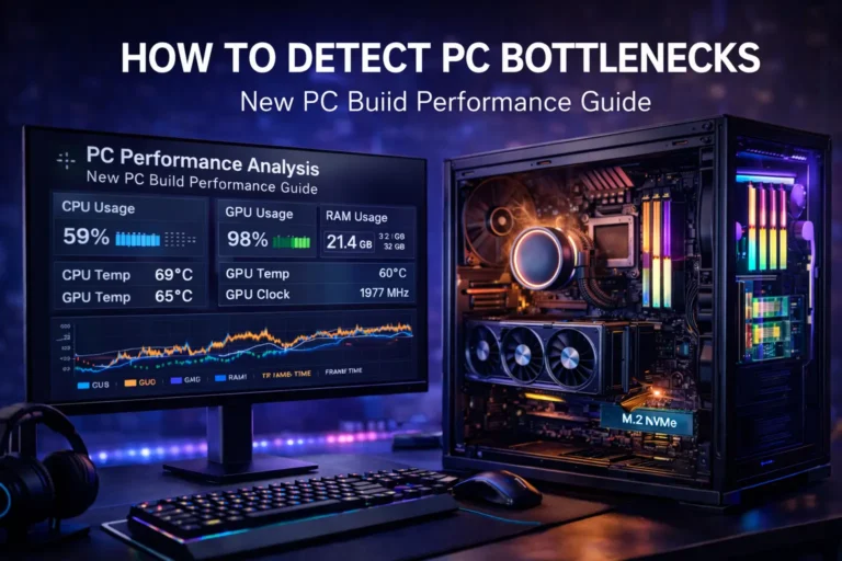 New PC build with performance monitoring software showing CPU, GPU, and RAM usage to detect bottlenecks.