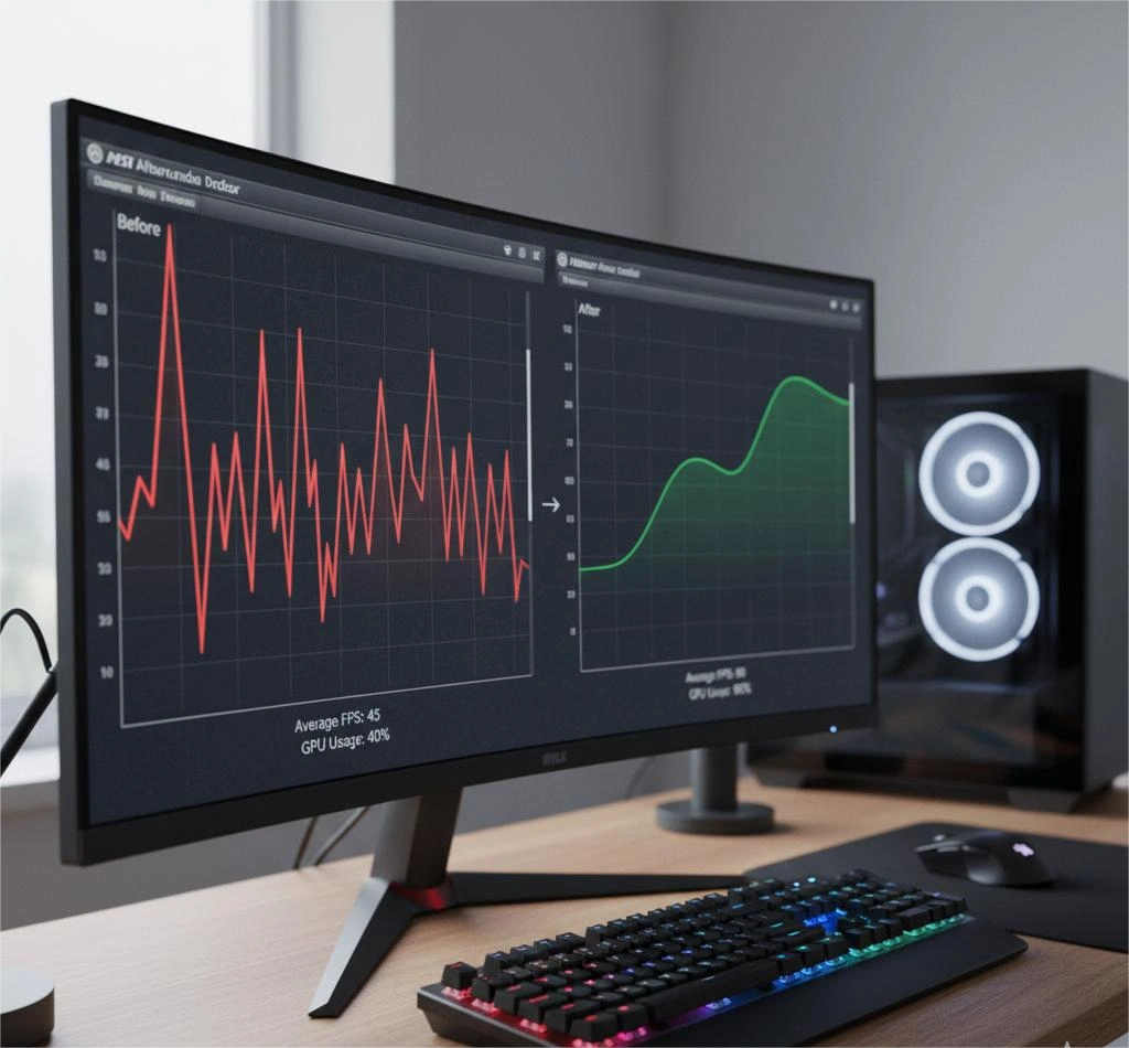 Frame time graph showing improvement after fixing CPU bottleneck