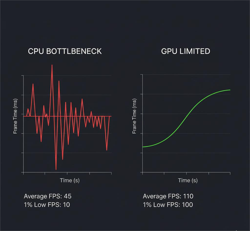 Frame time and 1% low FPS comparison for CPU and GPU bottlenecks