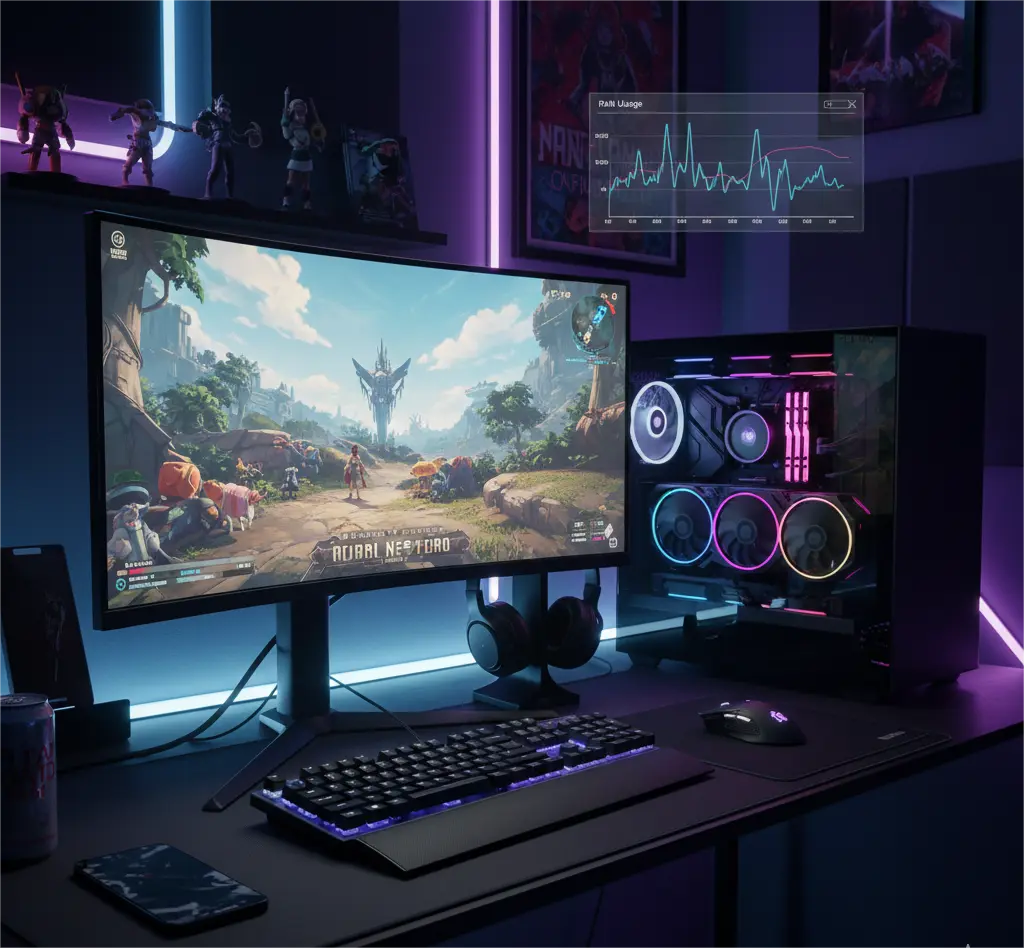 modern games RAM usage in 2026 showing system memory consumption during gaming