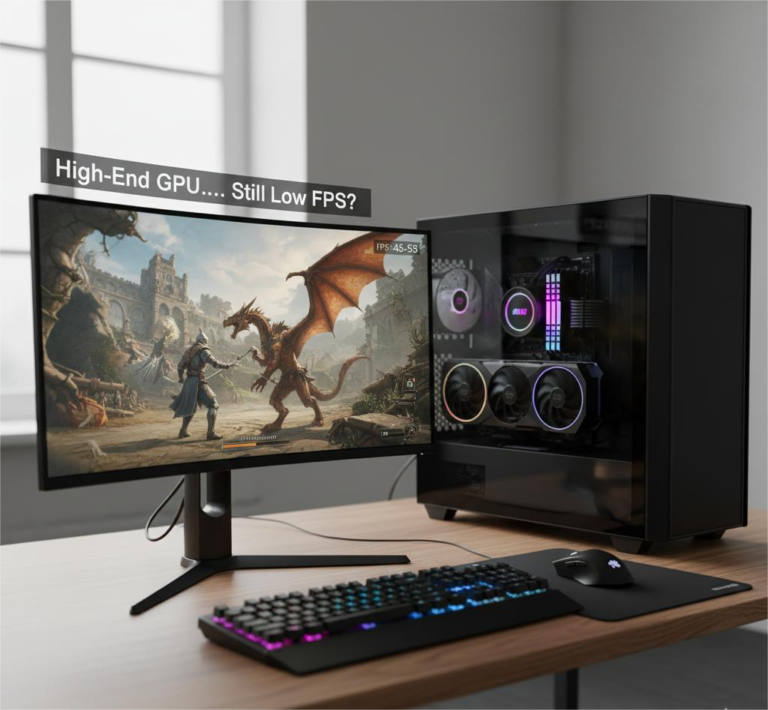 High-end gaming PC with powerful GPU showing low FPS on screen