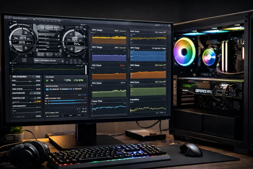 Real-time PC performance monitoring showing CPU GPU temperatures usage and frametime analysis during stress testing